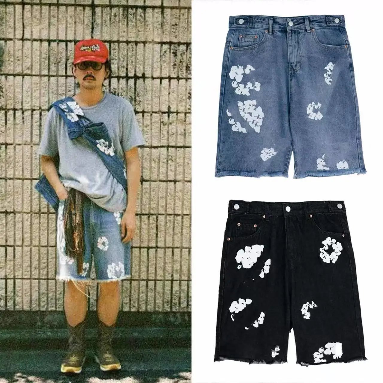 Design Abstract Ink Print White Denim Shorts - 3