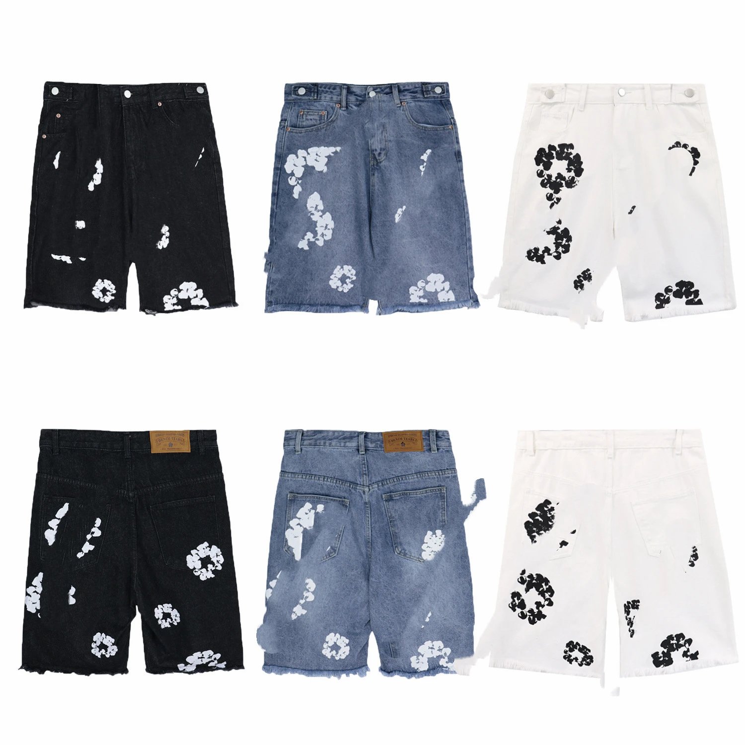 Design Abstract Ink Print White Denim Shorts - 7