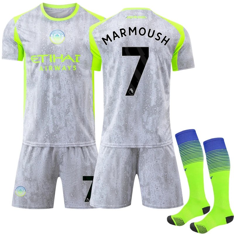 Manchester City FC 2023-24 Third Kit Gray Neon Green Jersey and Shorts Set - 8