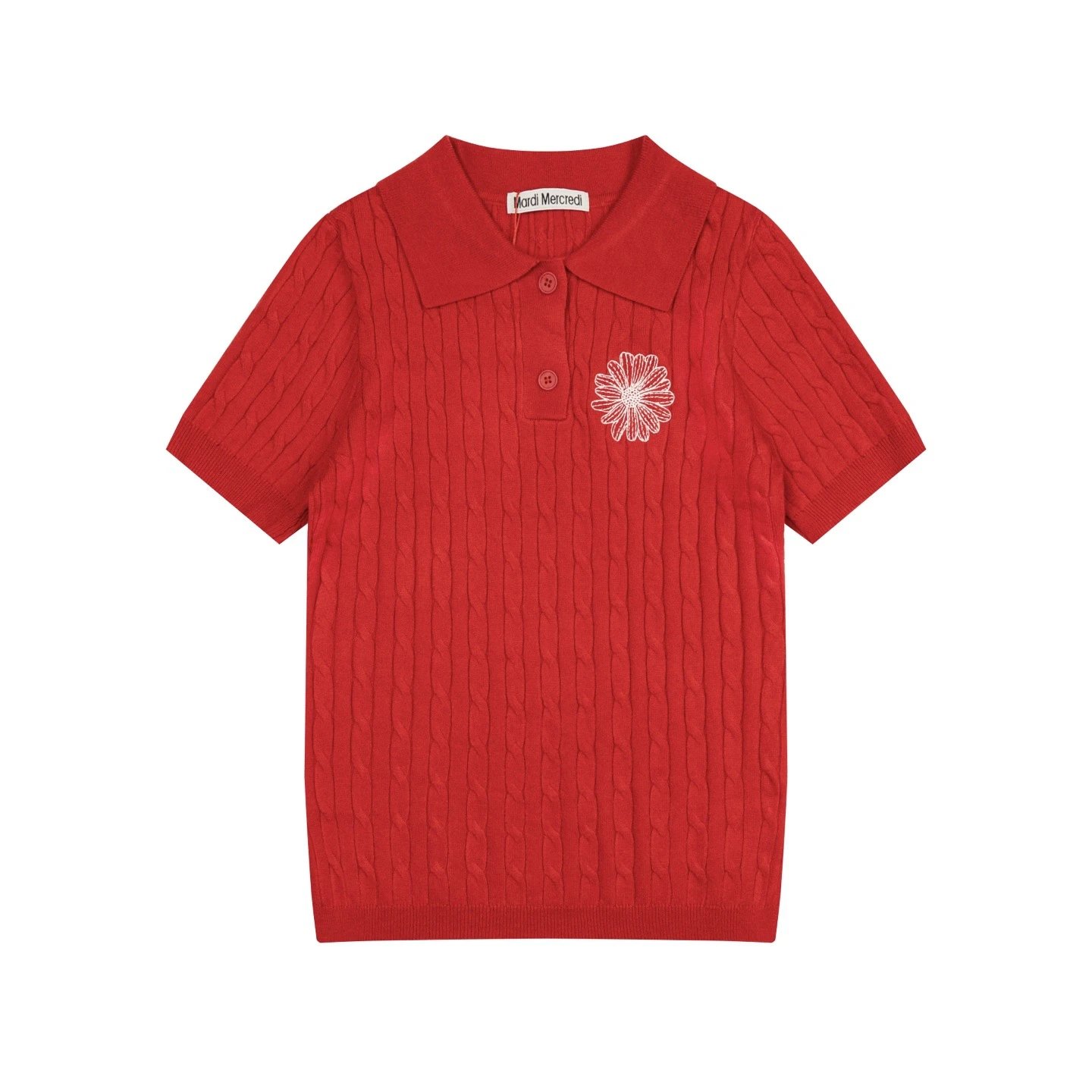 Mardi Mercredi Cable Knit Polo in Mint with Embroidered Daisy Polo Shirt - 10