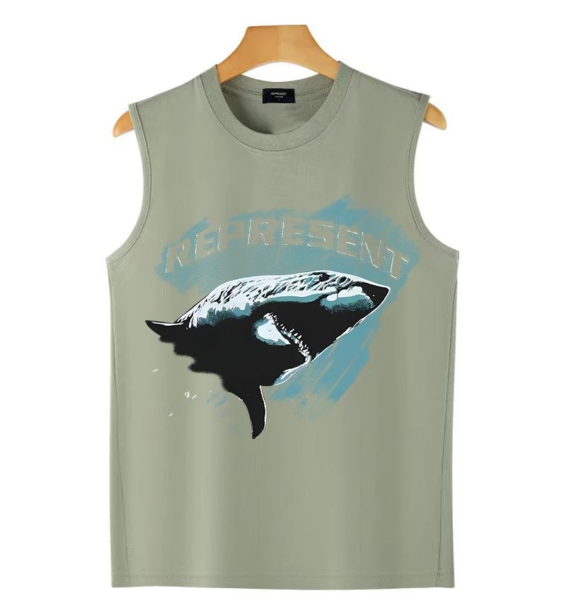 Represent Shark Graphic Sleeveless Tank Top Olive Green Vest Top - 1
