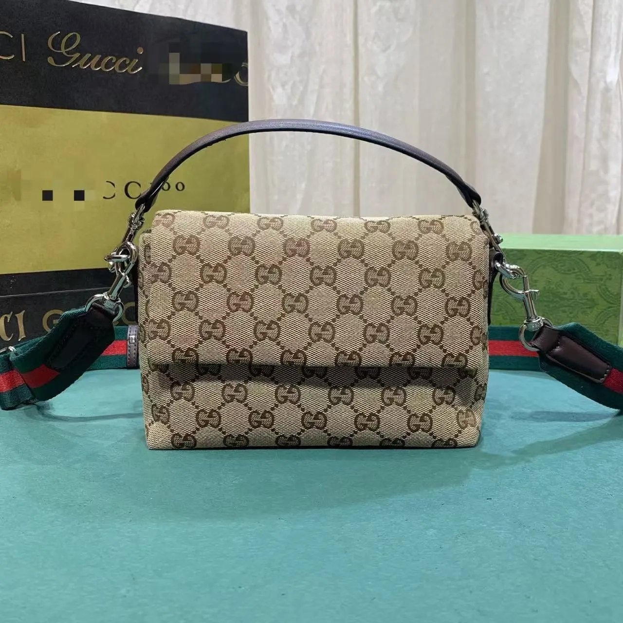 Gucci GG Marmont Mini Shoulder Bag Beige Canvas with Web Strap - 5