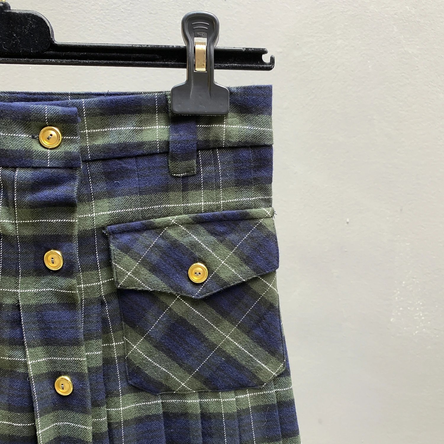 Design Plaid Pleated Skirt with Gold Buttons Navy and Green Skirt - 10