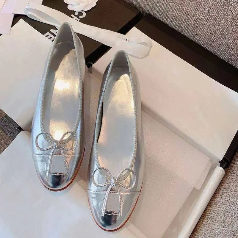 Chanel Ballerina Flats Silver Metallic Bow Detail Flat Shoes Loafers - 10