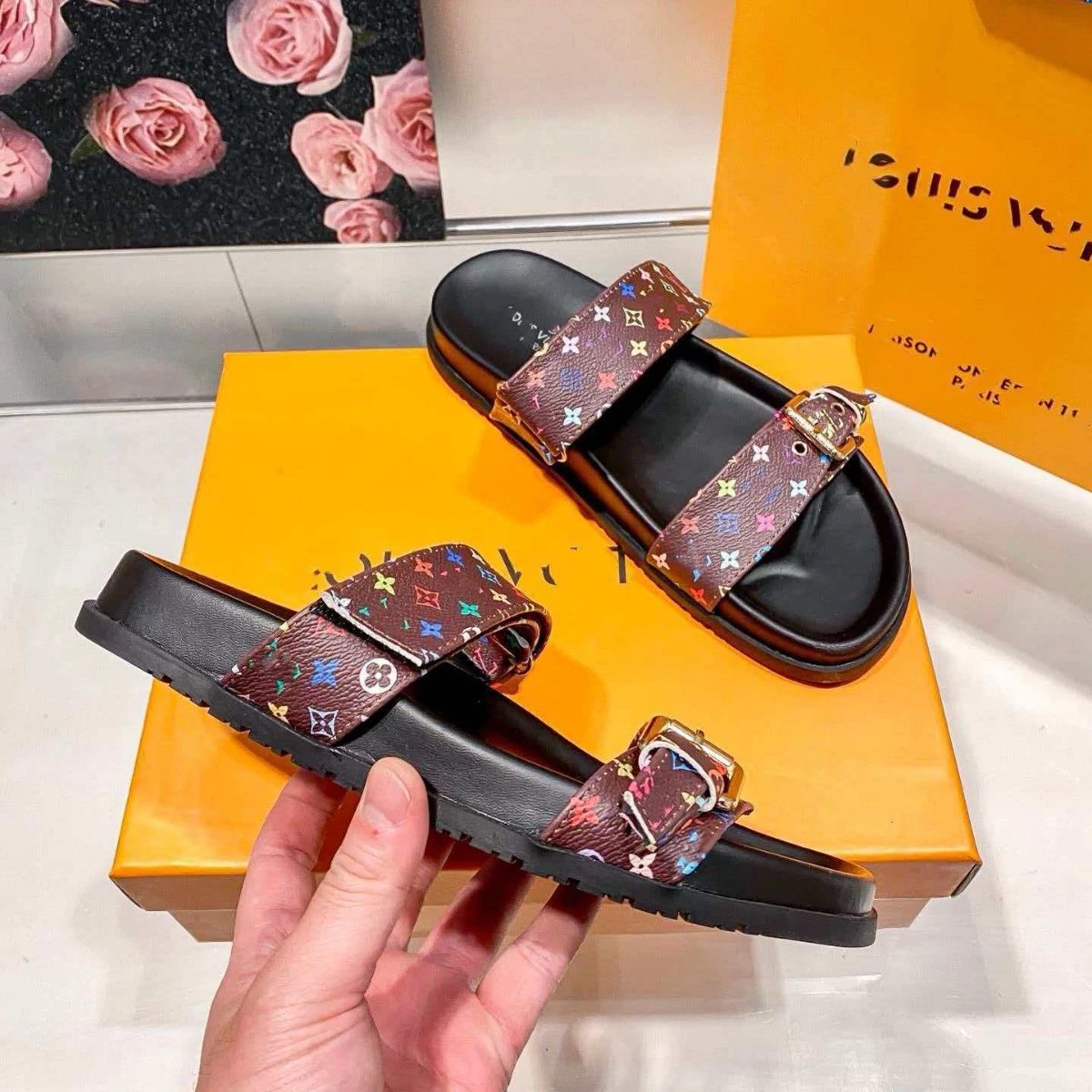 Louis Vuitton Sandals Two-Strap Multicolor Monogram Buckle Slides image 2