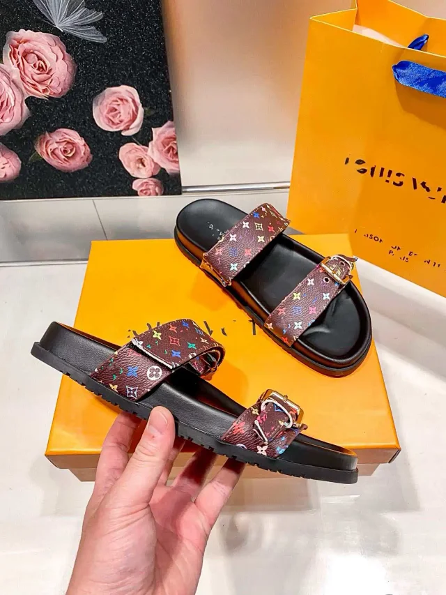 Louis Vuitton Sandals Two-Strap Multicolor Monogram Buckle Slides product detail image 4