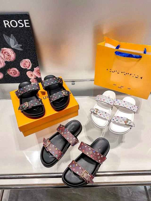 Louis Vuitton Sandals Two-Strap Multicolor Monogram Buckle Slides product detail image 1