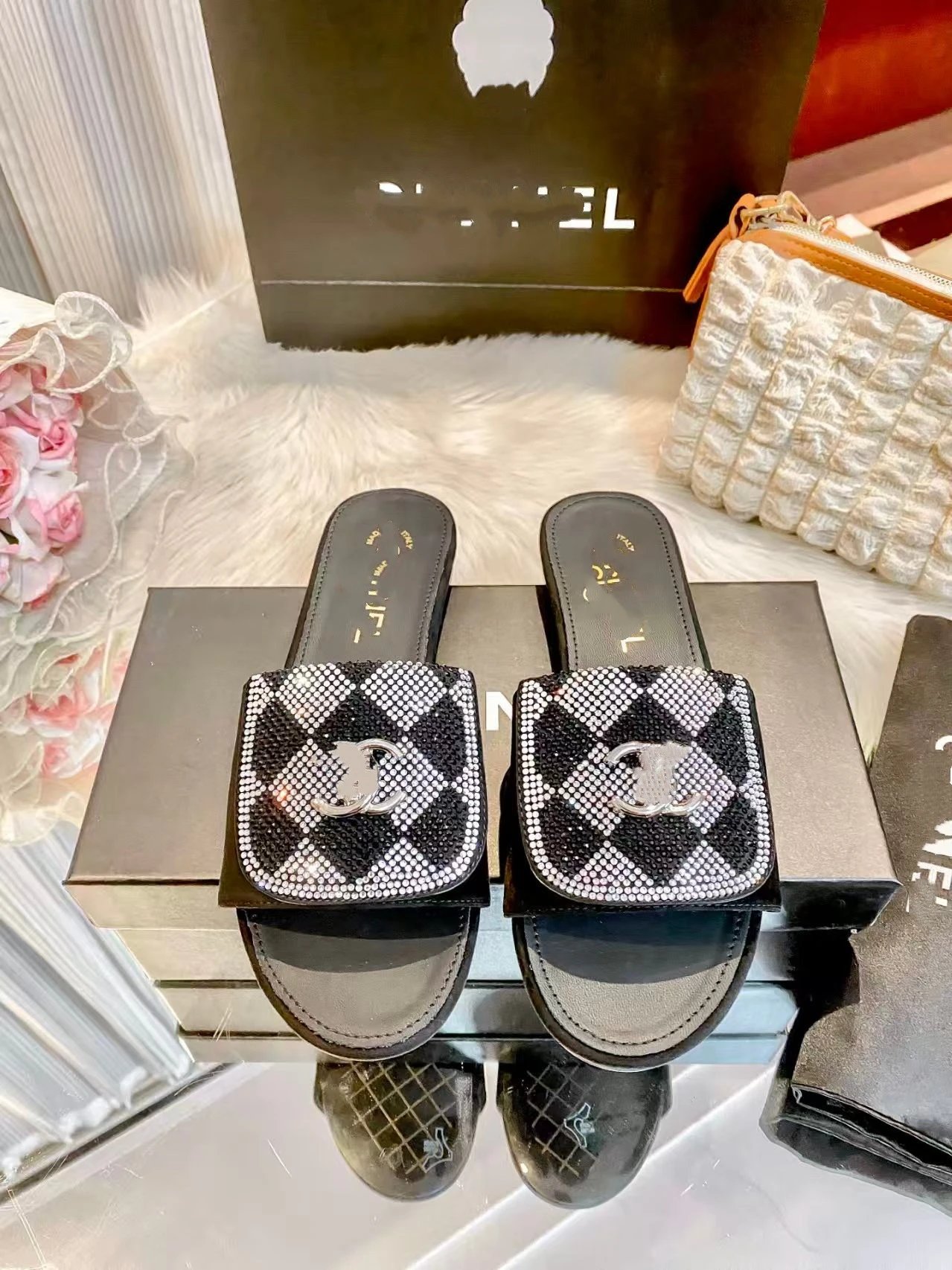 Chanel CC Logo Crystal-Embellished Snake Print Slide Sandals Beige Slippers - 6