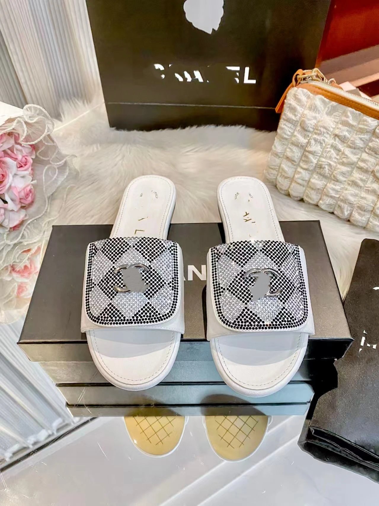 Chanel CC Logo Crystal-Embellished Snake Print Slide Sandals Beige Slippers - 7