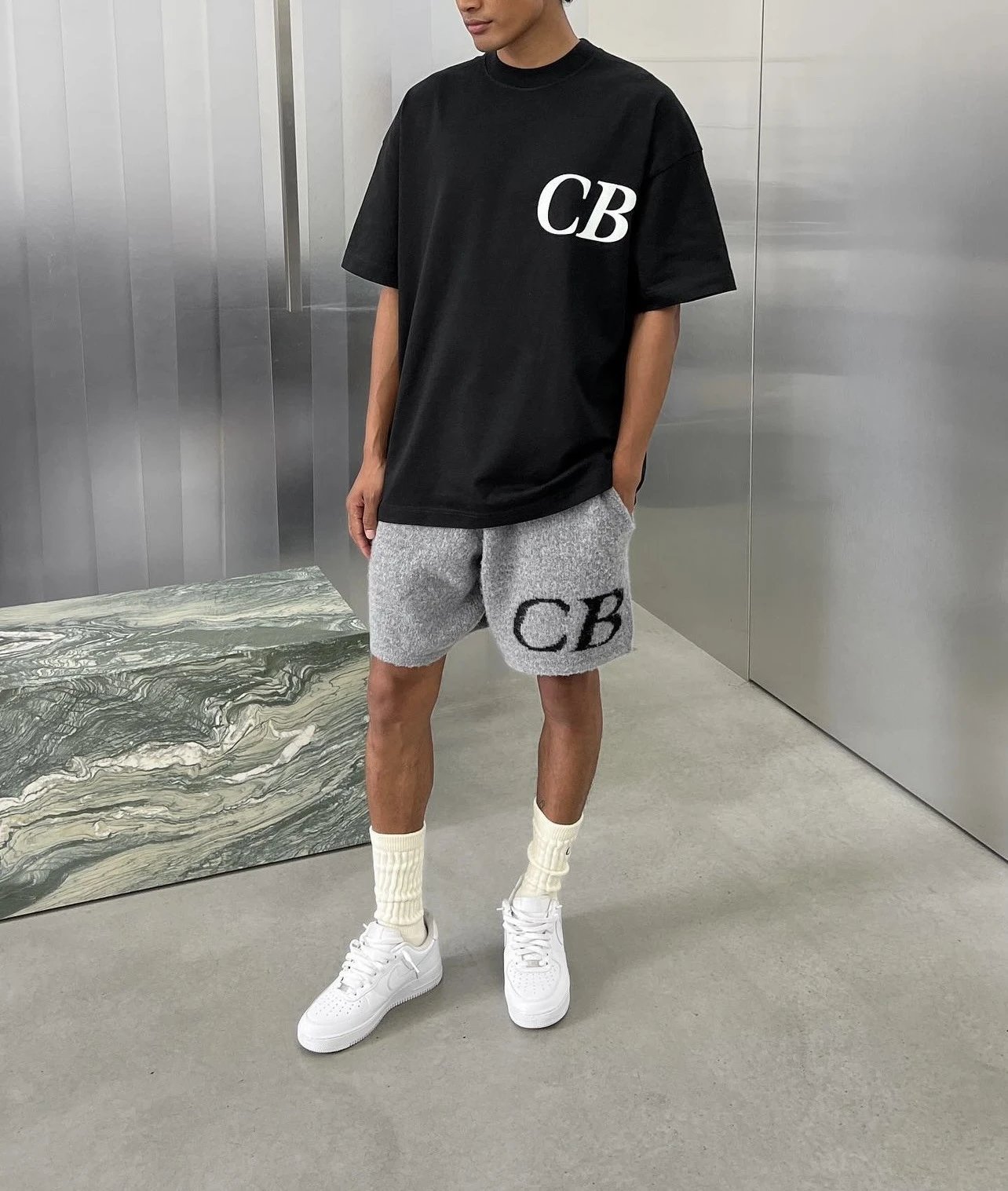 Design CB Logo Knit Shorts Black White Beige Shorts - 11