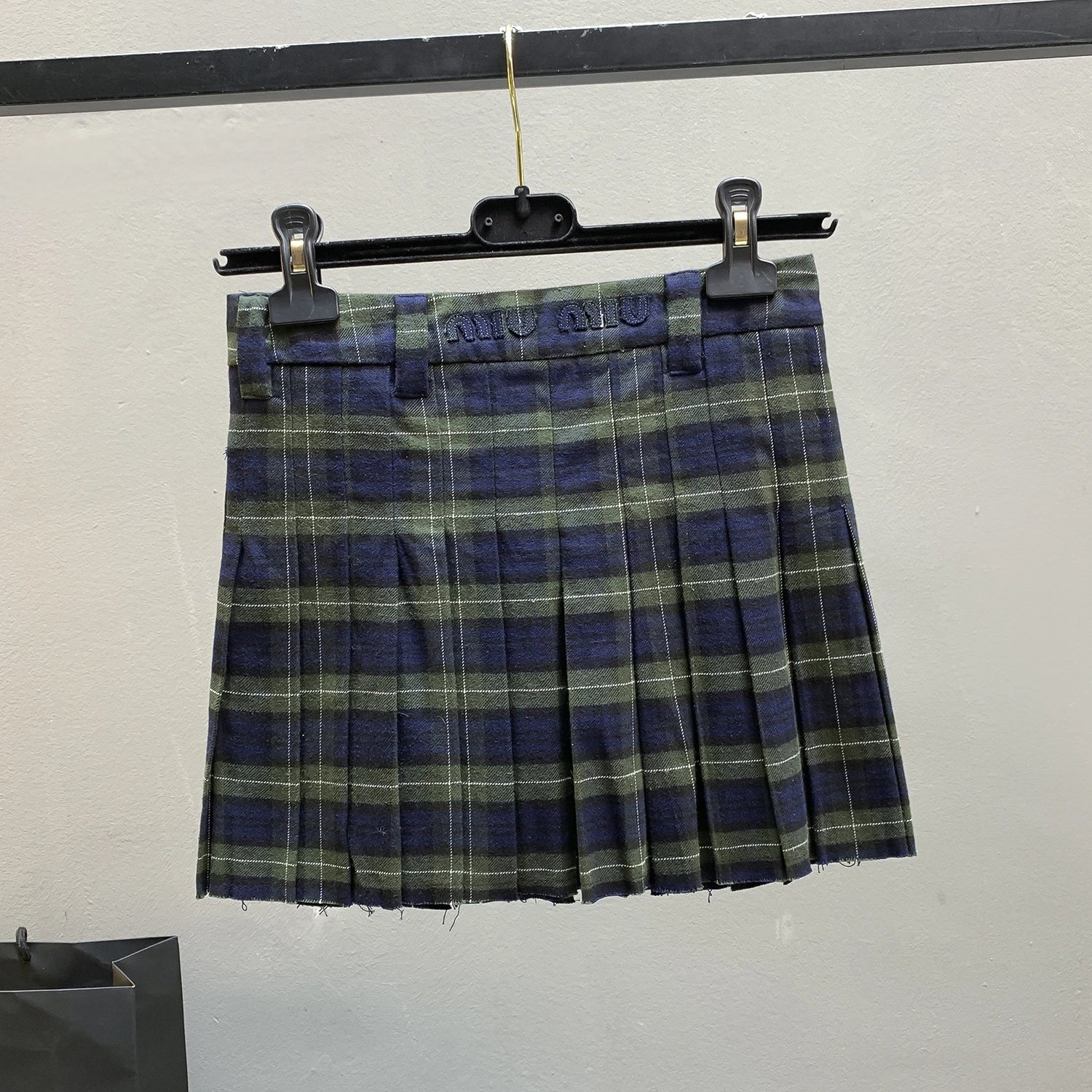 Design Plaid Pleated Skirt with Gold Buttons Navy and Green Skirt - 9