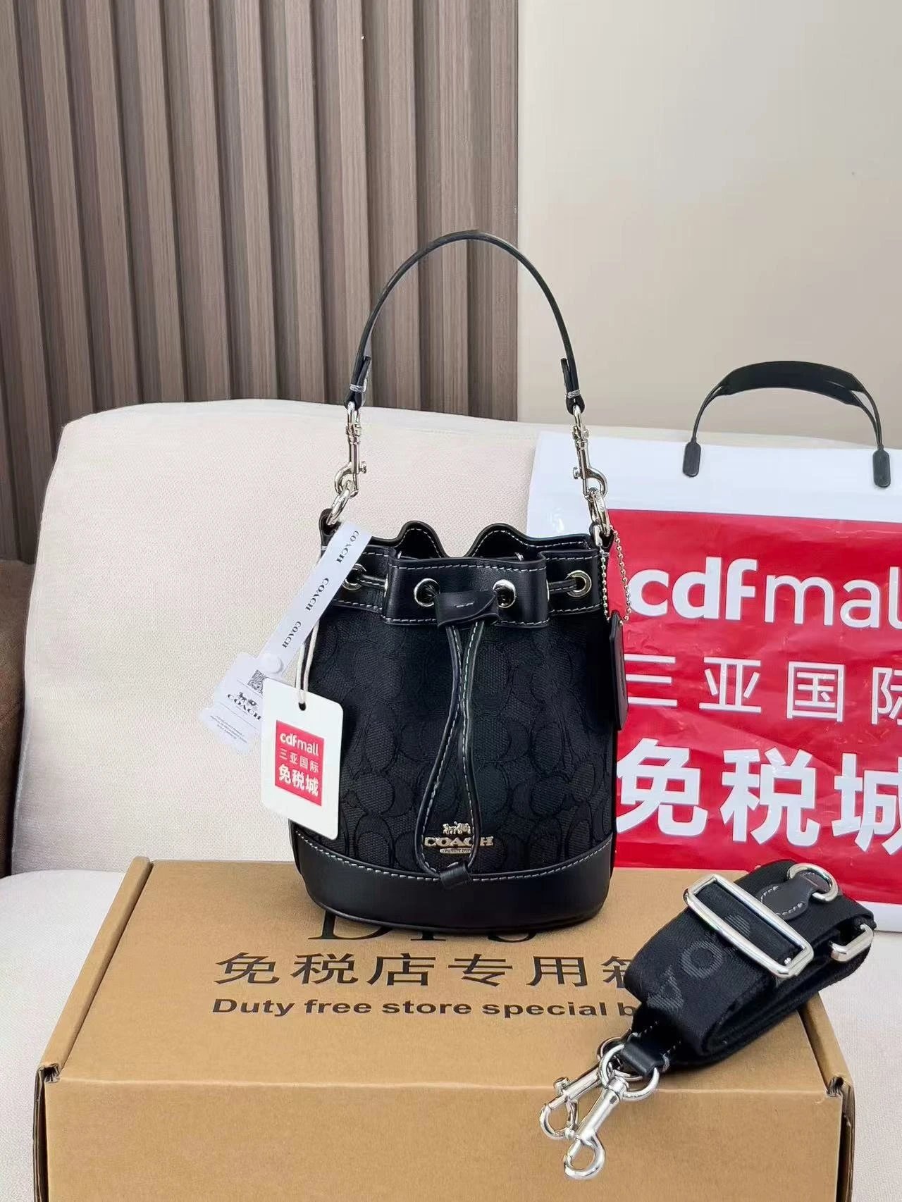 Coach Bucket Bag in Brown Signature Canvas with Leather Trim Handbags - 6