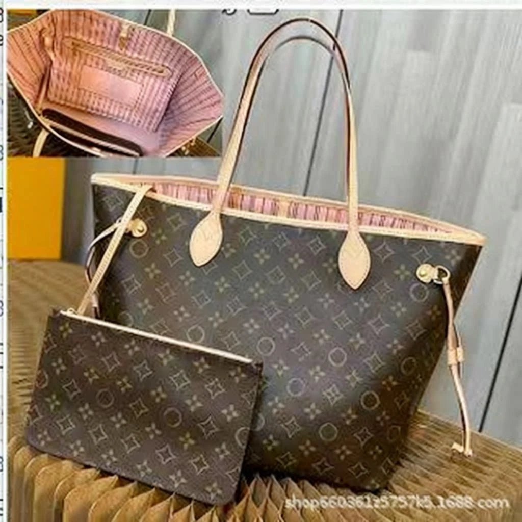 Design Checkered Pattern Tote Bag with Matching Clutch in Brown and Pink - 5