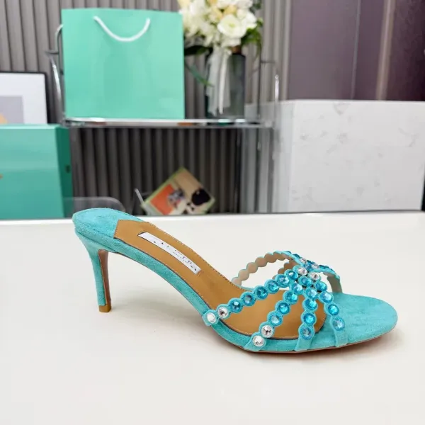 Miu Miu Crystal-Embellished Turquoise Suede Mule Heels - 1