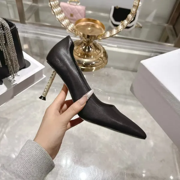 Design Pointed-Toe Stiletto Heel with Crystal-Embellished Stem Black Heels - 1