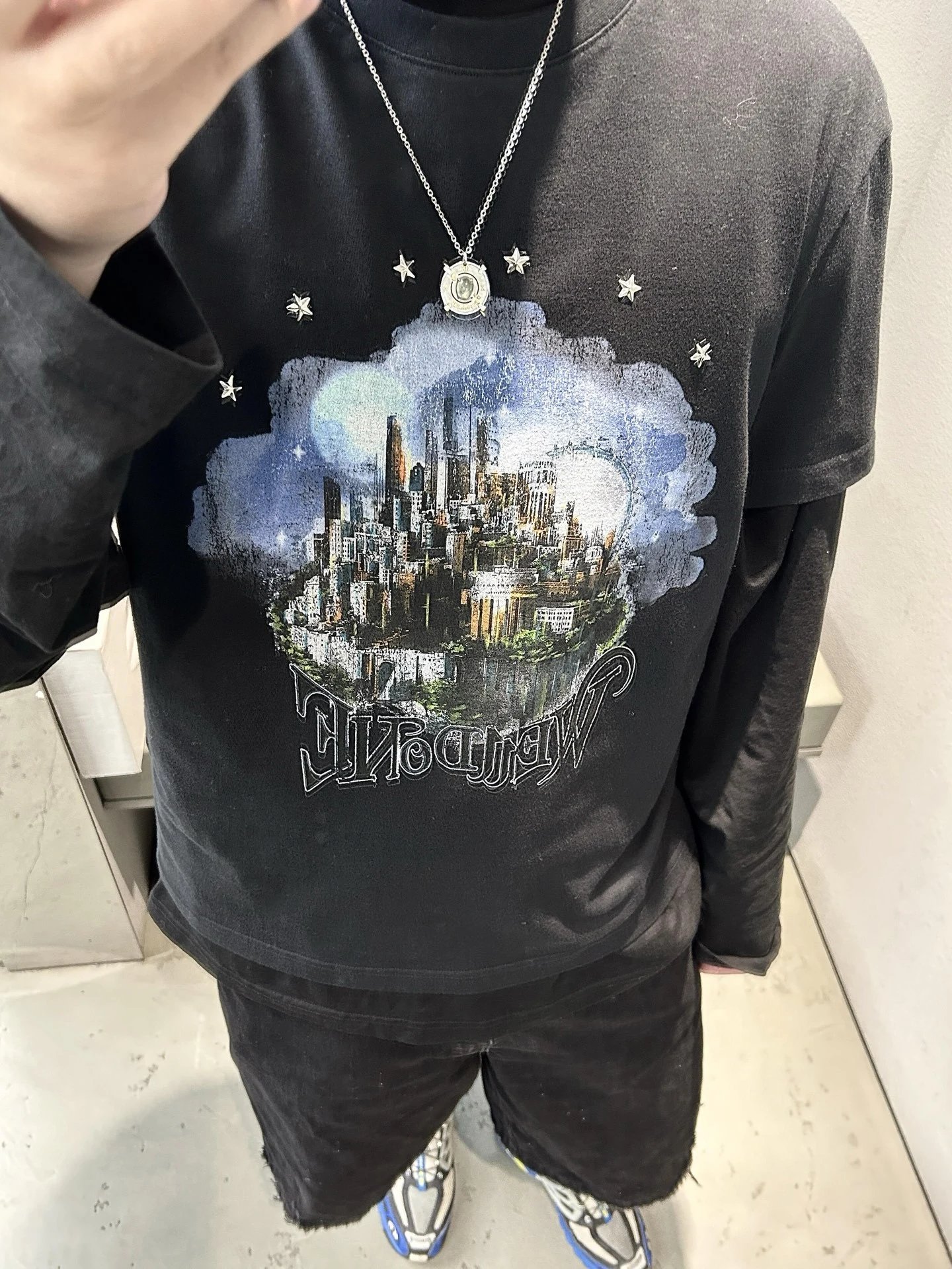 Design Wetdone Cityscape Cloud Print Black Oversized T-Shirt T-Shirts - 8