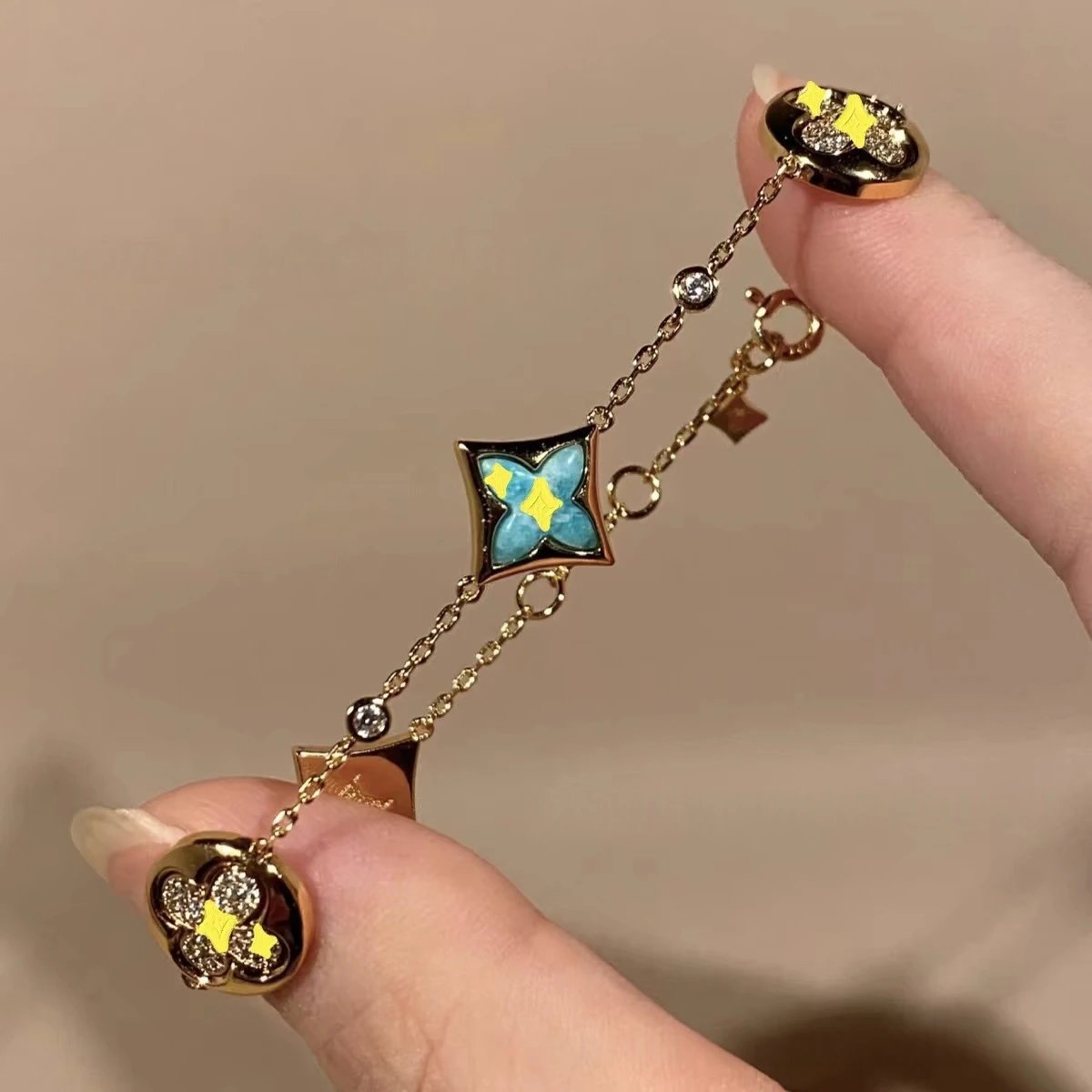 Louis Vuitton Monogram Flower Charm Bracelet Gold Blue Yellow Jewelry - 1