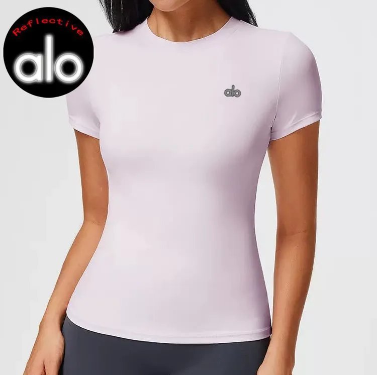 Alo Reflective Short Sleeve Performance Top Burgundy Activewear - 9