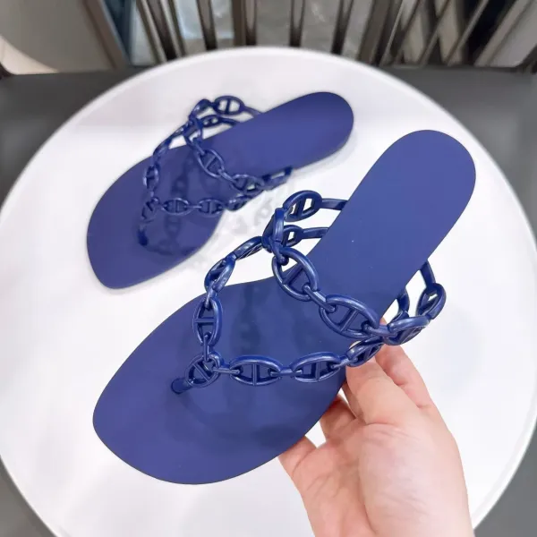 Hermès Evelyne Chain Slide Sandals Navy Blue Slippers - 1