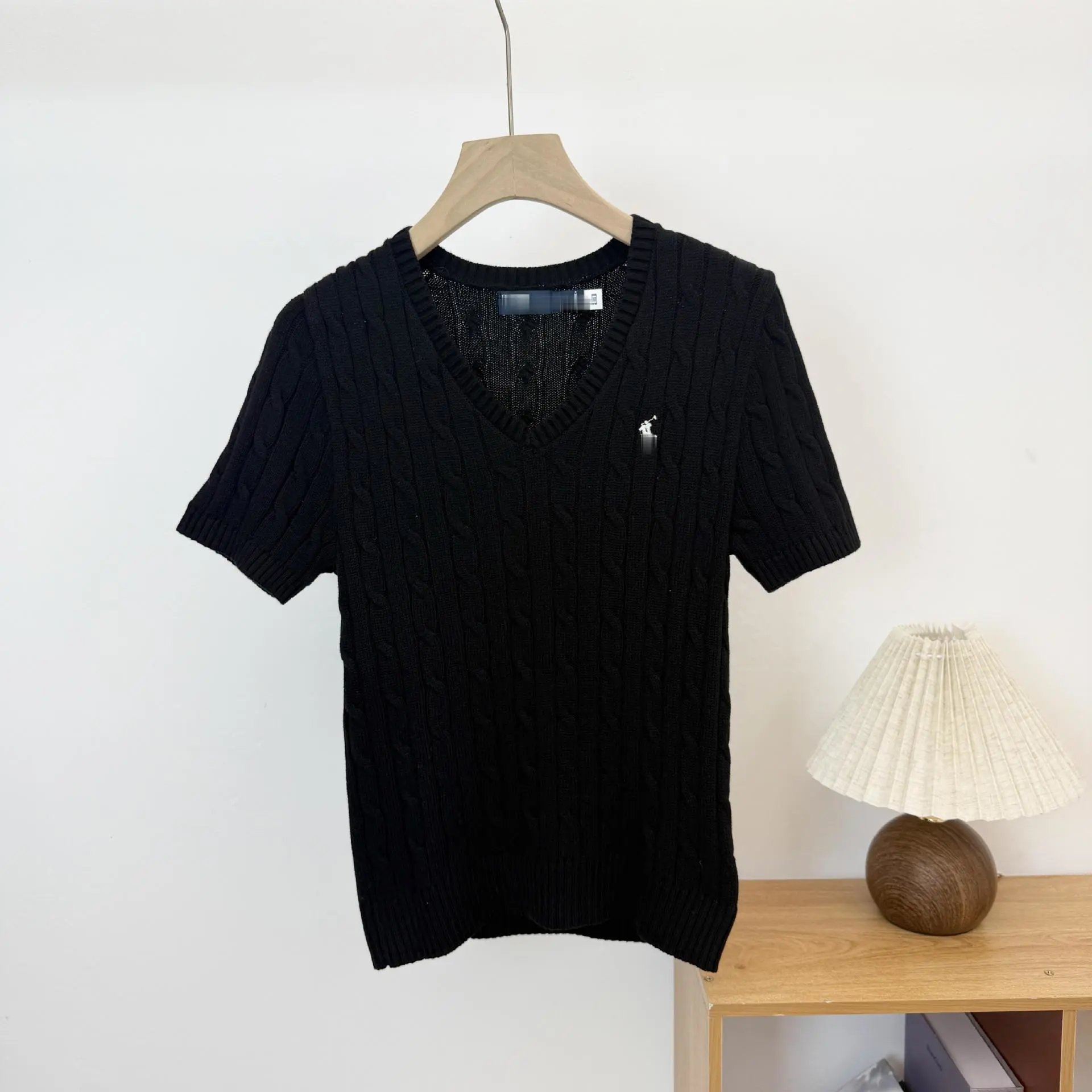 Polo Ralph Lauren Cable Knit V-Neck Short Sleeve Sweater Black - 10