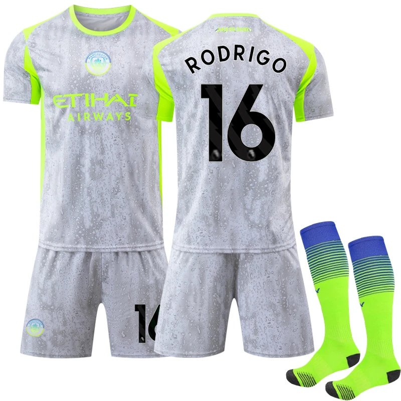 Manchester City FC 2023-24 Third Kit Gray Neon Green Jersey and Shorts Set - 11