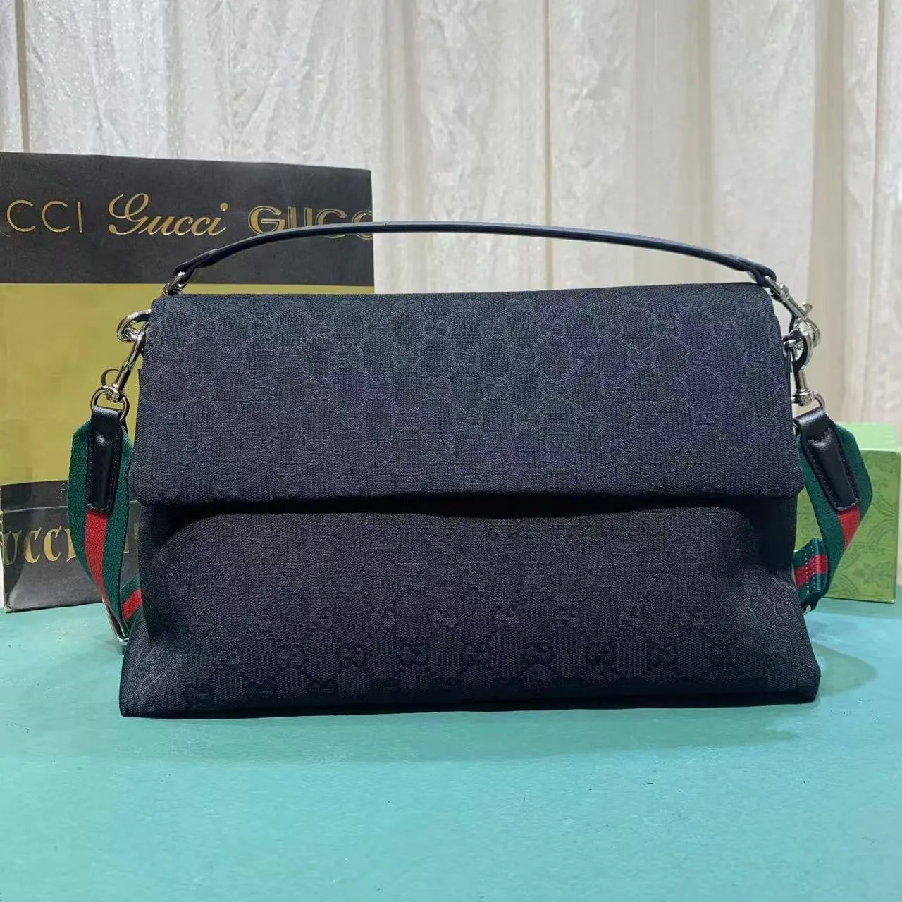 Gucci GG Marmont Mini Shoulder Bag Beige Canvas with Web Strap - 7