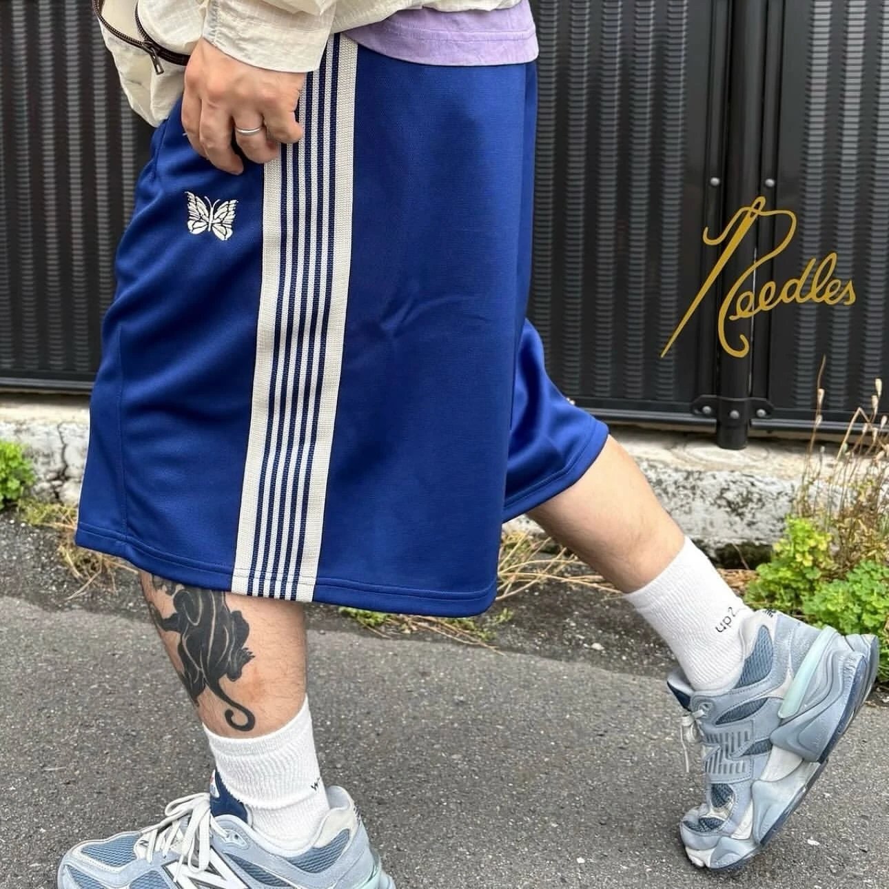 Needles Track Shorts Blue with White Stripe and Butterfly Embroidery - 6