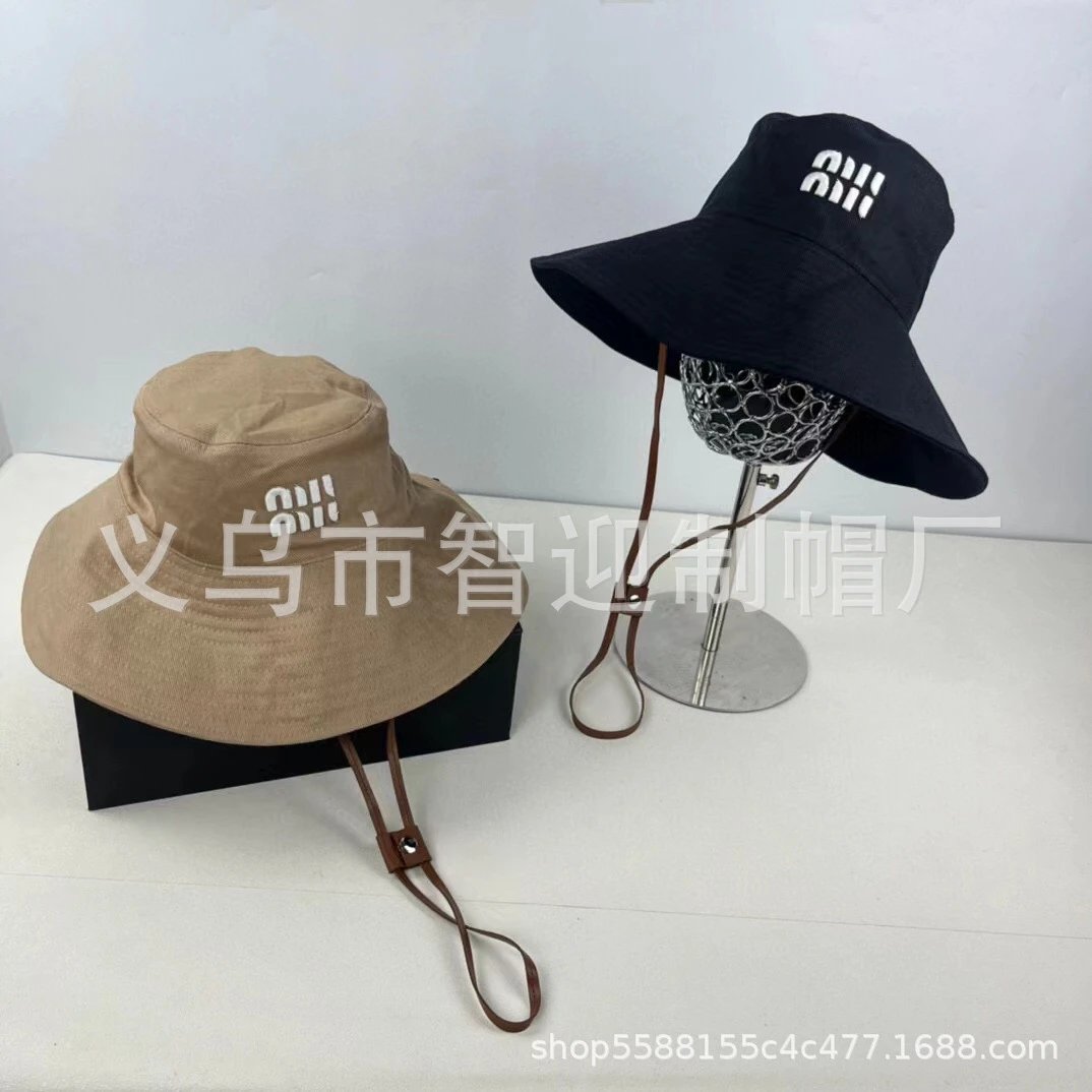 Design Beige Bucket Hat with Leather Strap and White Logo Patch Bucket Hat - 3