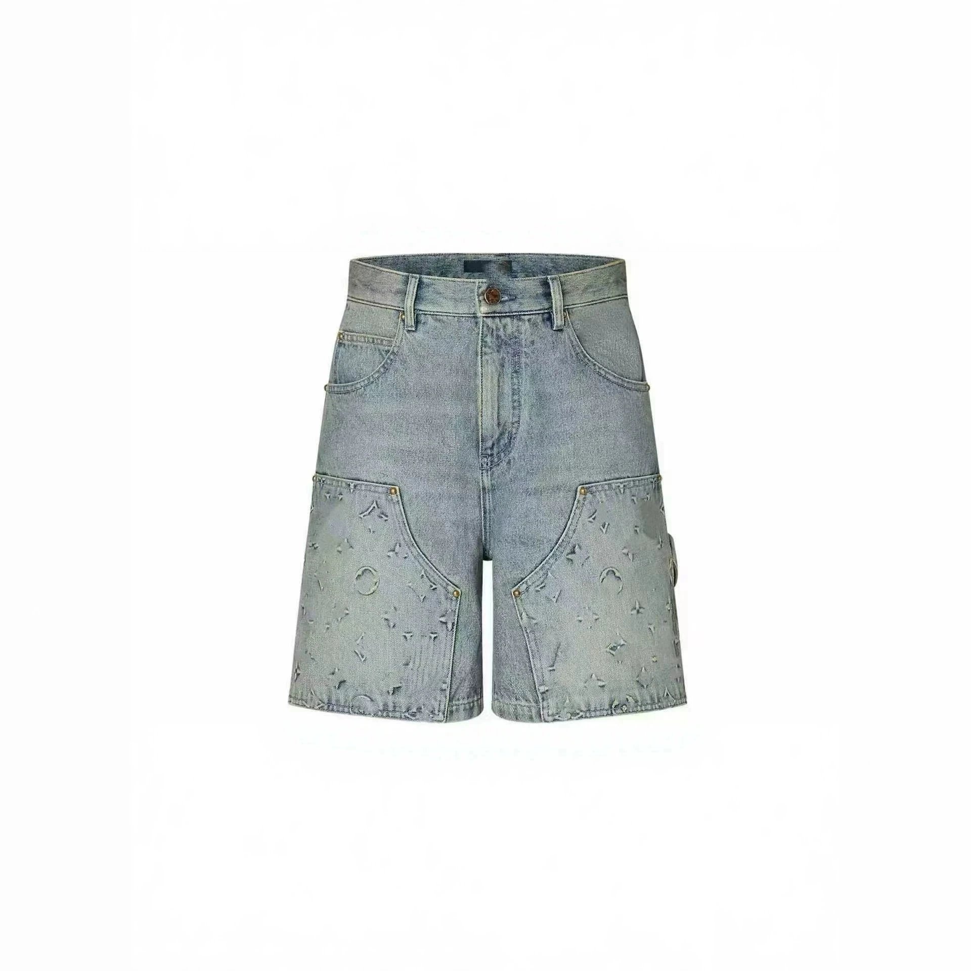 Men Heavy Embossed Carpenter Denim Shorts Washed Light Blue Baggy Workwear Jean Shorts Streetwear