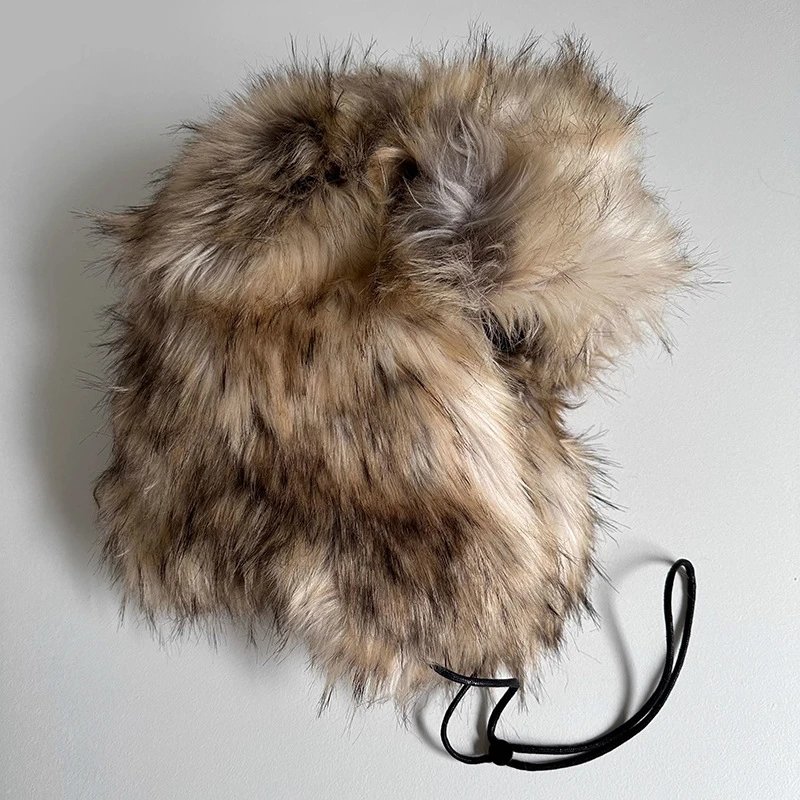 Faux Fur Trapper Hat with Drawstring Closure