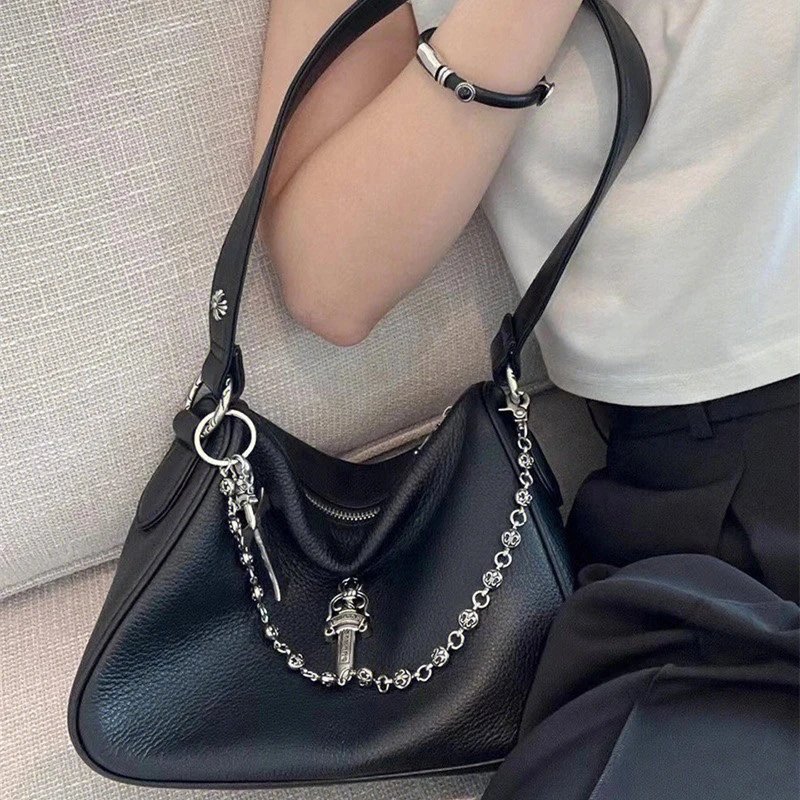 Black Leather Shoulder Bag with Chain Detail