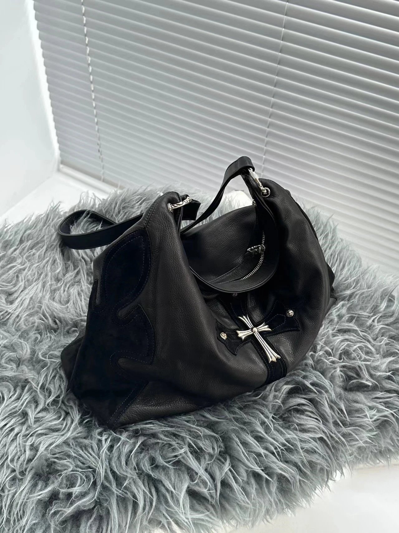 Chrome Hearts Cross Motif Hobo Bag Black Leather - 13