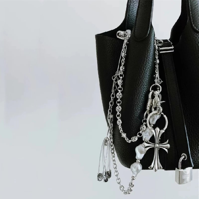 Chrome Hearts Cross Pendant Chain and Baroque Pearl Necklace Set Silver Accessories Jewelry - 2