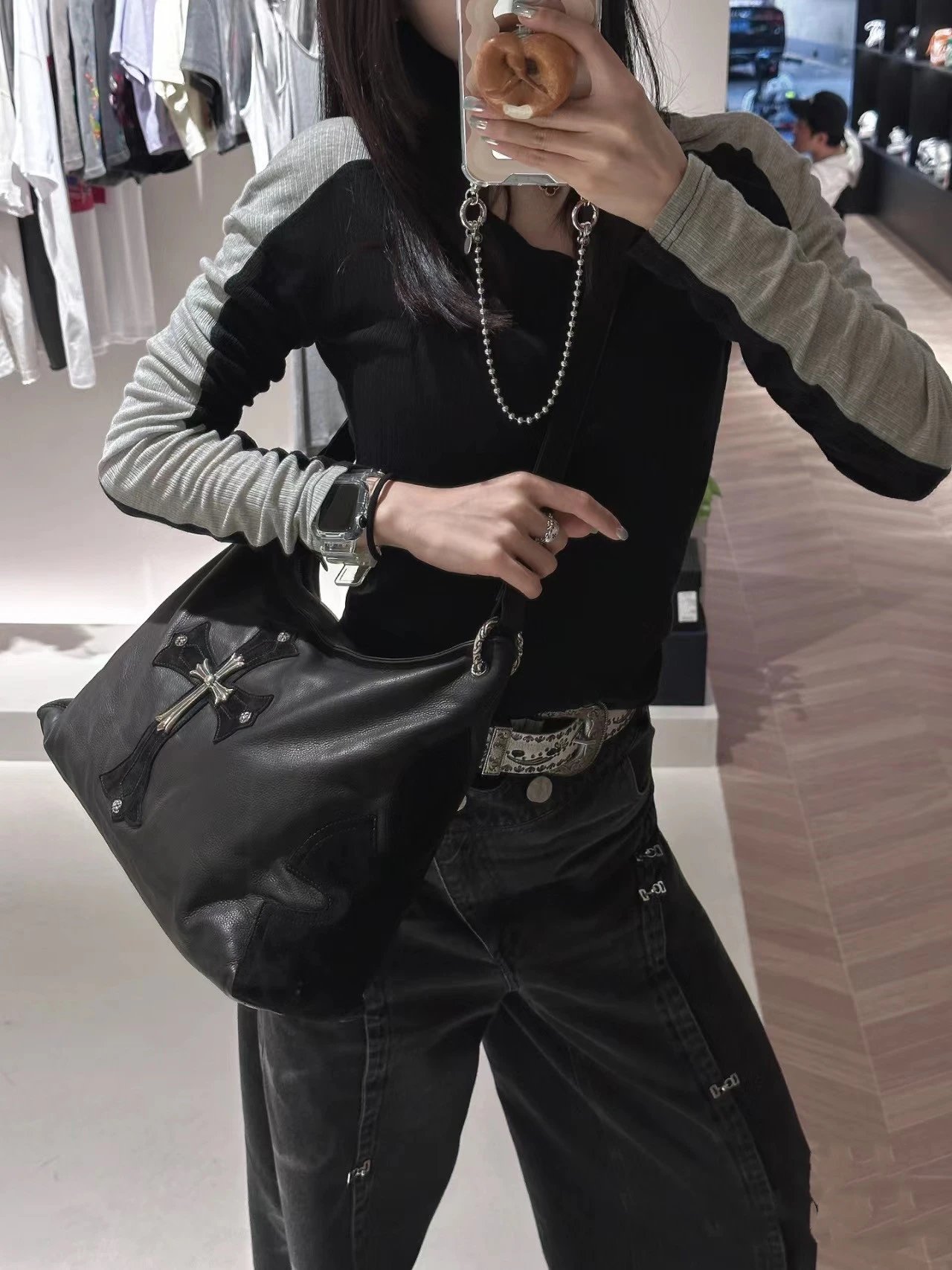 Chrome Hearts Cross Motif Hobo Bag Black Leather - 3
