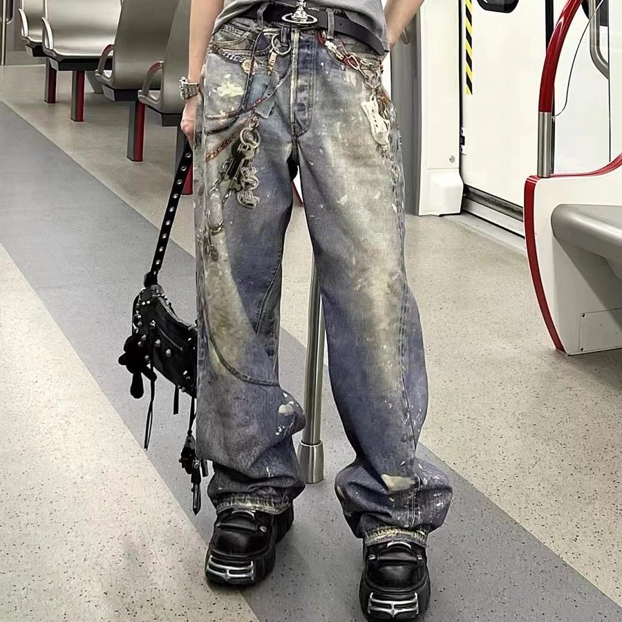 Dirty Blue Distressed Wide Leg Jeans