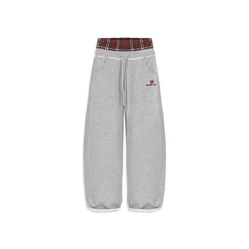 Vintage American Retro Striped Embroidered Casual Sweatpants for Men and Women, Loose Fit Double Waistband Faux Layered