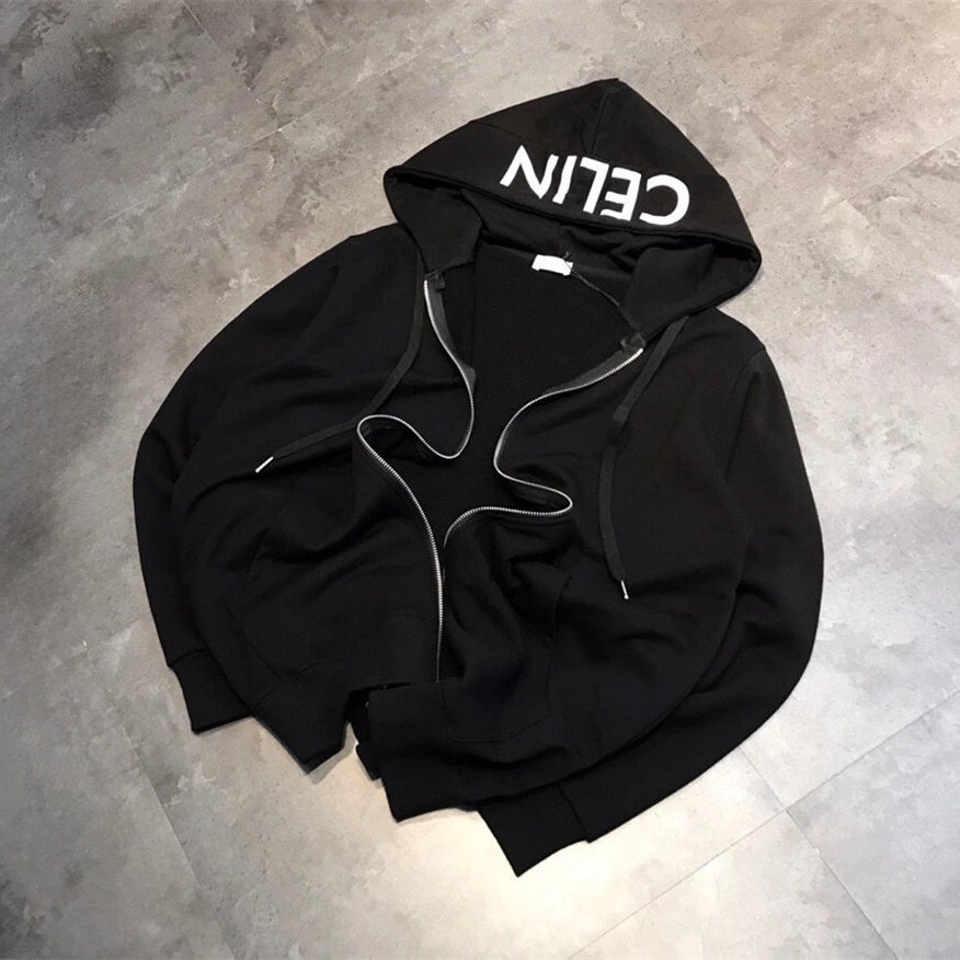 Celine Hood Top Letter Print Zip Hoodie Black Oversized Jacket