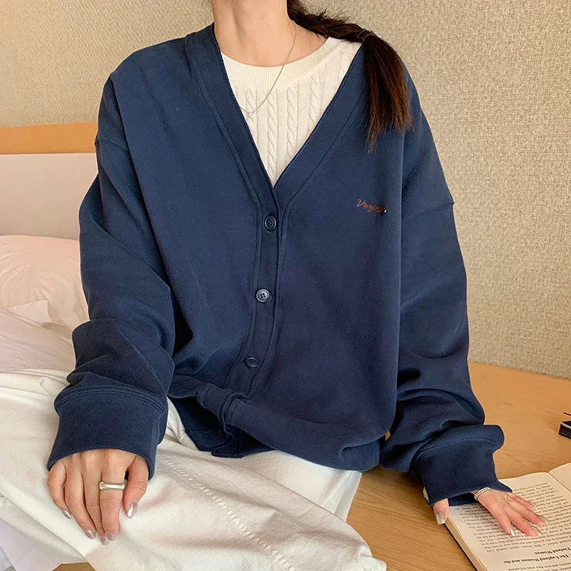Women's Korean Relaxed V-Neck Embroidered Cardigan