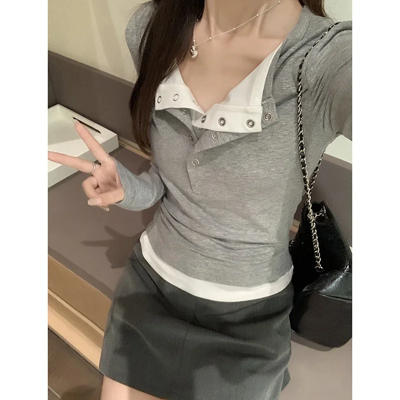 Women's Mock Two-Piece Color-Block Long-Sleeve Tee