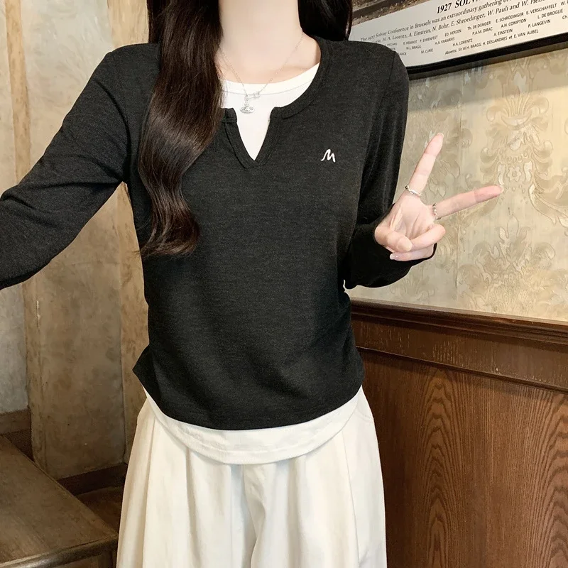 Women's V-Neck Long-Sleeve Layered Cropped T-Shirt