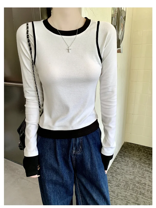 Women's Long Sleeve Mock Two-Piece T-Shirt Detail