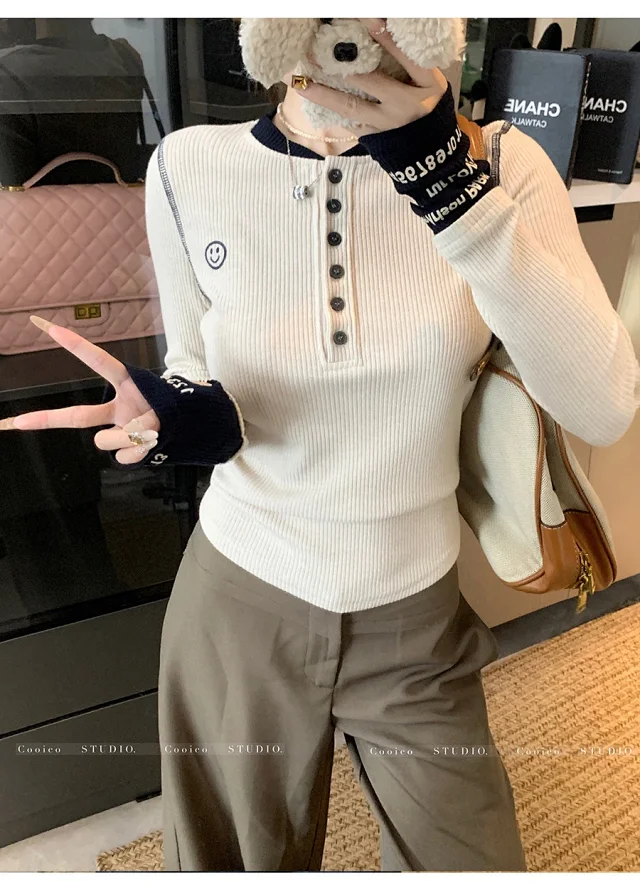 Women's Dopamine Color-Block Embroidered Knit Top Detail