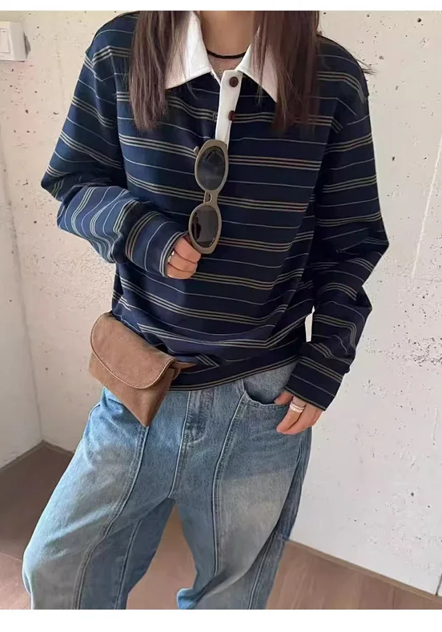 Autumn 2025 Cotton Striped Polo Sweatshirt Detail