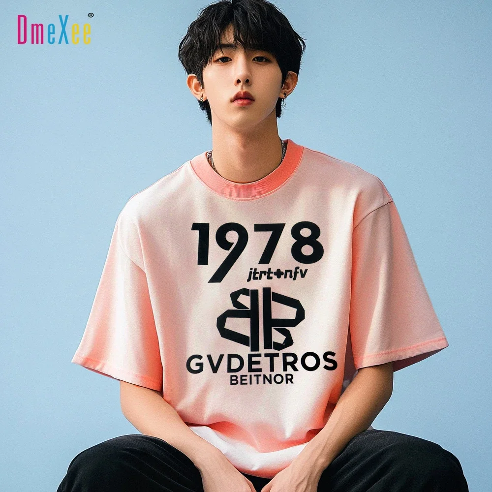 Men's Pink Harajuku Printed Slim-Fit Tee