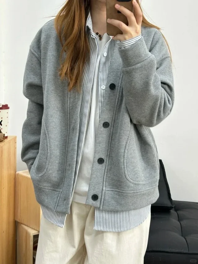 Spring 2025 Japanese Casual Waffle Cardigan Detail