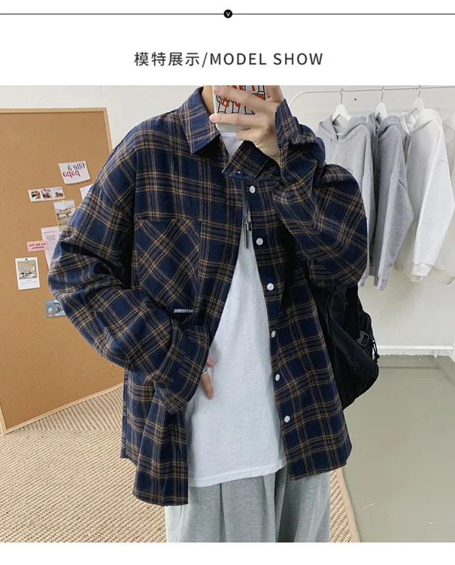 Men's Casual Retro Brushed Plaid Overshirt Detail