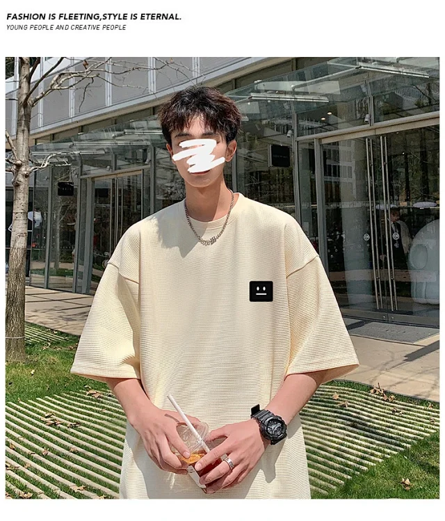 Smile Embroidered Men's Summer Waffle Tee Detail