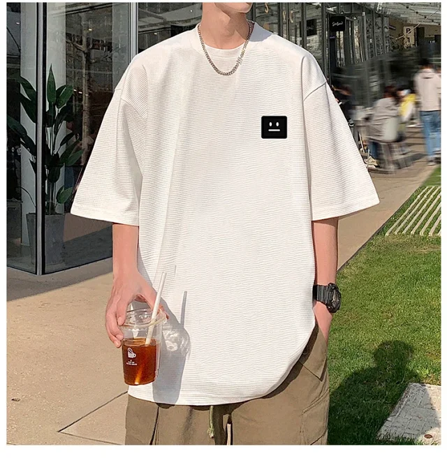 Smile Embroidered Men's Summer Waffle Tee Detail