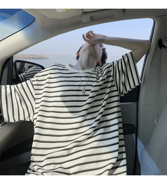 Premium Men's Black White Striped Tee Detail