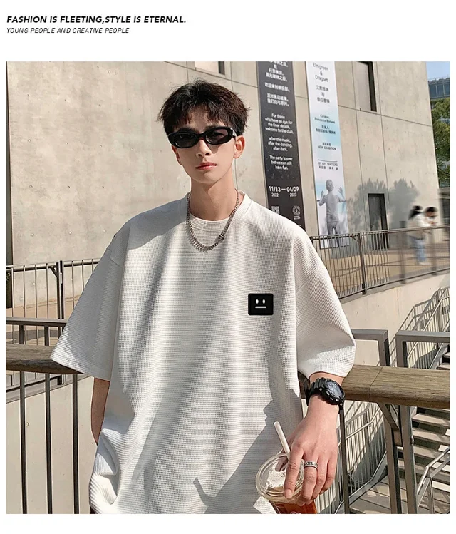 Smile Embroidered Men's Summer Waffle Tee Detail